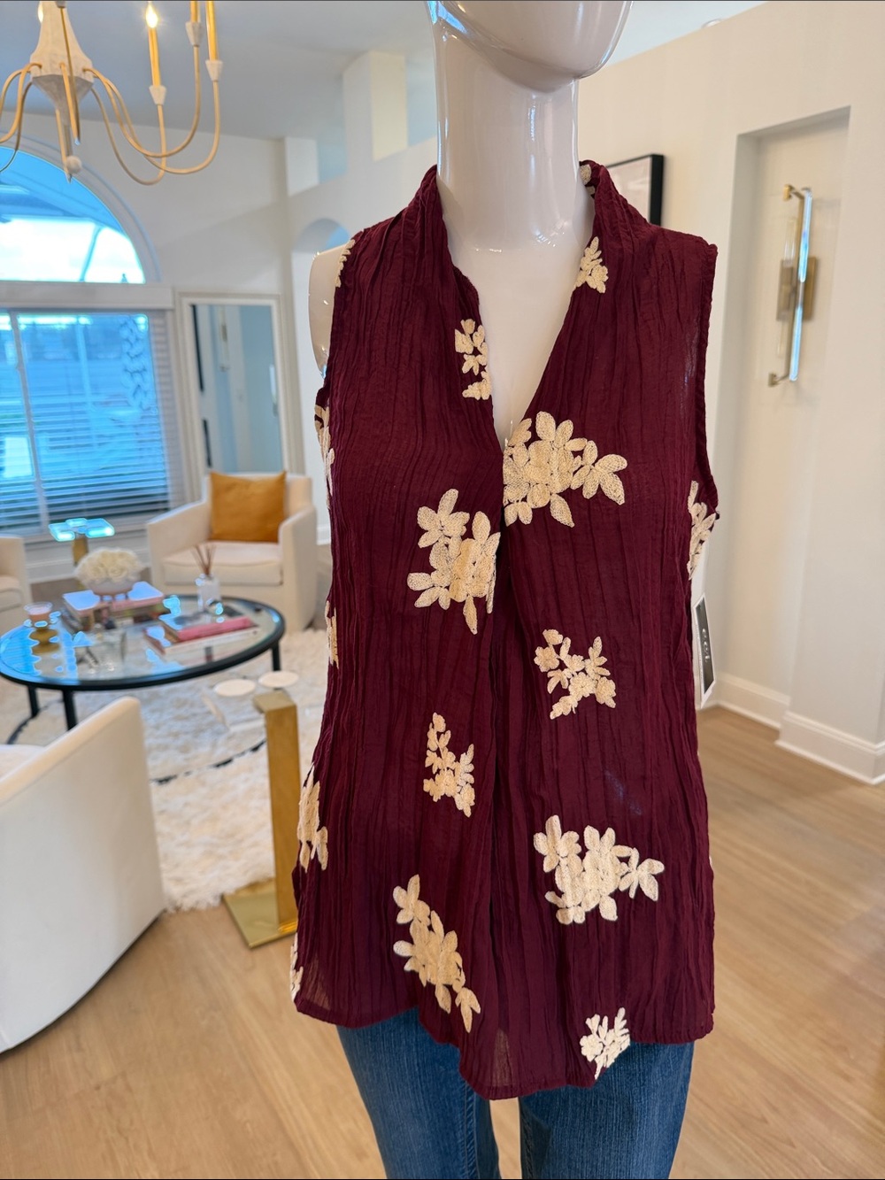 ECI Burgundy Sleeveless V-Neck Top with Cream Floral Embroidery